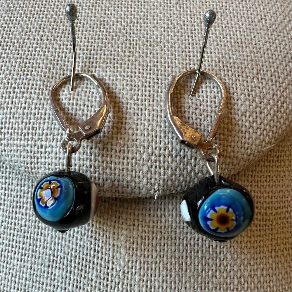 Vintage Sterling Venetian Murano Millefiori Art Glass Drop Earrings